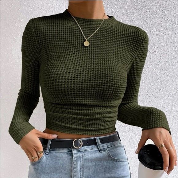 Waffle Knit Ruched Side Crop Top - Picture 1 of 8